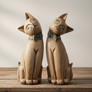 Vintage Wooden Cat Statues 16-inch Hand Carved Painted Folk Art Large MCM Cats